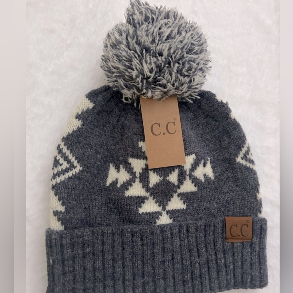 C.C Exclusive Soft Warm Chevron Multi Color Angora Knit Beanie Hat with Pom